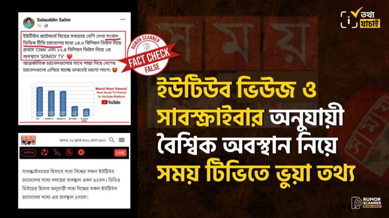 ইউটিউব ভিউজ ও সাবস্ক্রাইবার অনুযায়ী বৈশ্বিক অবস্থান নিয়ে সময় টিভিতে ভুয়া তথ্য প্রচার